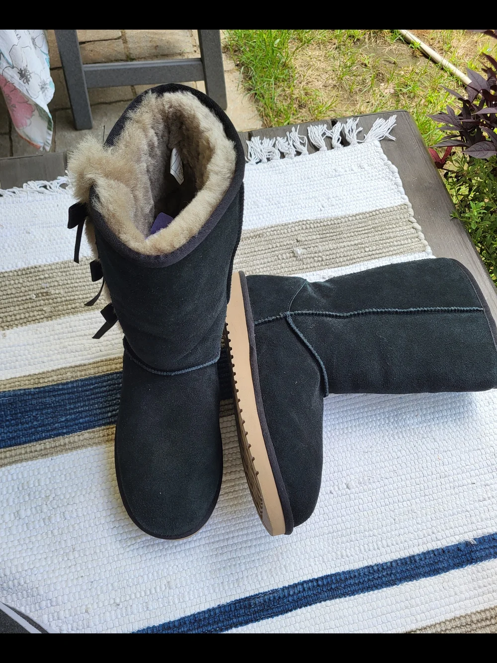 Koolaburra by UGG Women's Black Suede Lined Fur Trim Bow Mid-Calf Boots US 12